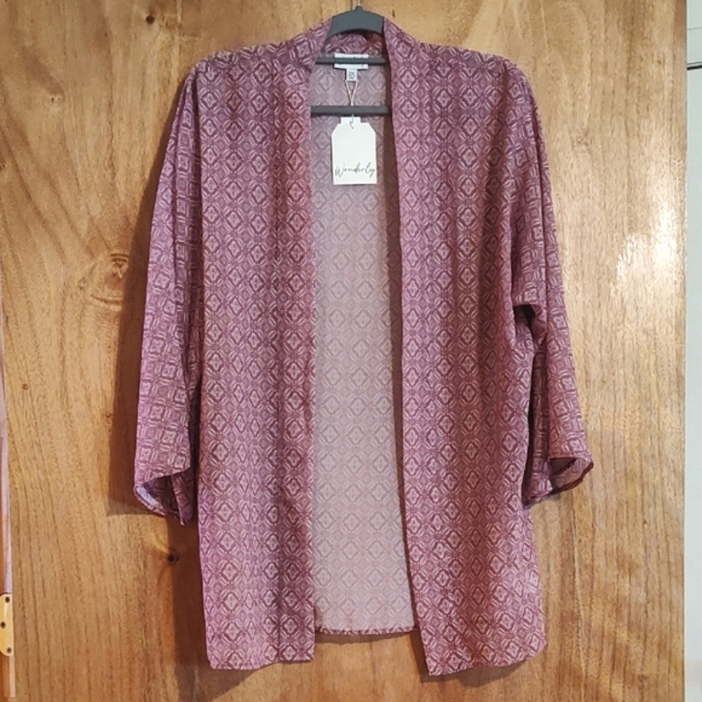 NWT Wonderly Mountain Weekend Kimono Plum Medallion Print Sheer Open Front S/M